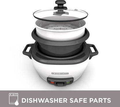 BLACK+DECKER 6-Cup Rice Cooker - Removable Non-Stick Bowl & Steaming Basket, White Finish