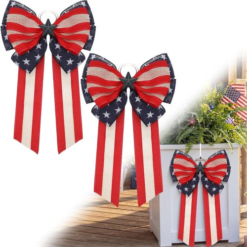 Knitgrip Patriotic Bows - 2 Pack Red, White & Blue Decorative Bows for 4th of July Wreaths & Planters