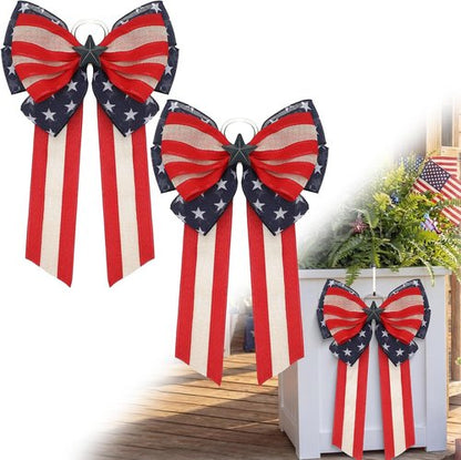 Knitgrip Patriotic Bows - 2 Pack Red, White & Blue Decorative Bows for 4th of July Wreaths & Planters