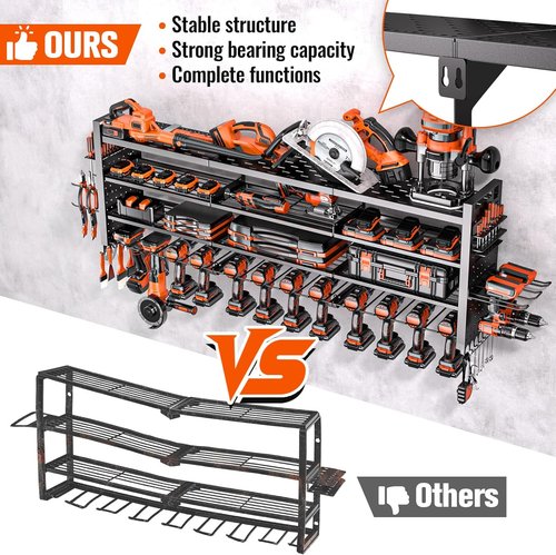 Heavy Duty Tool Organizer by 49.8" W - Wall Mount with 14 Cordless Drill Holders | 4-Layer Garage Storage Rack in Black