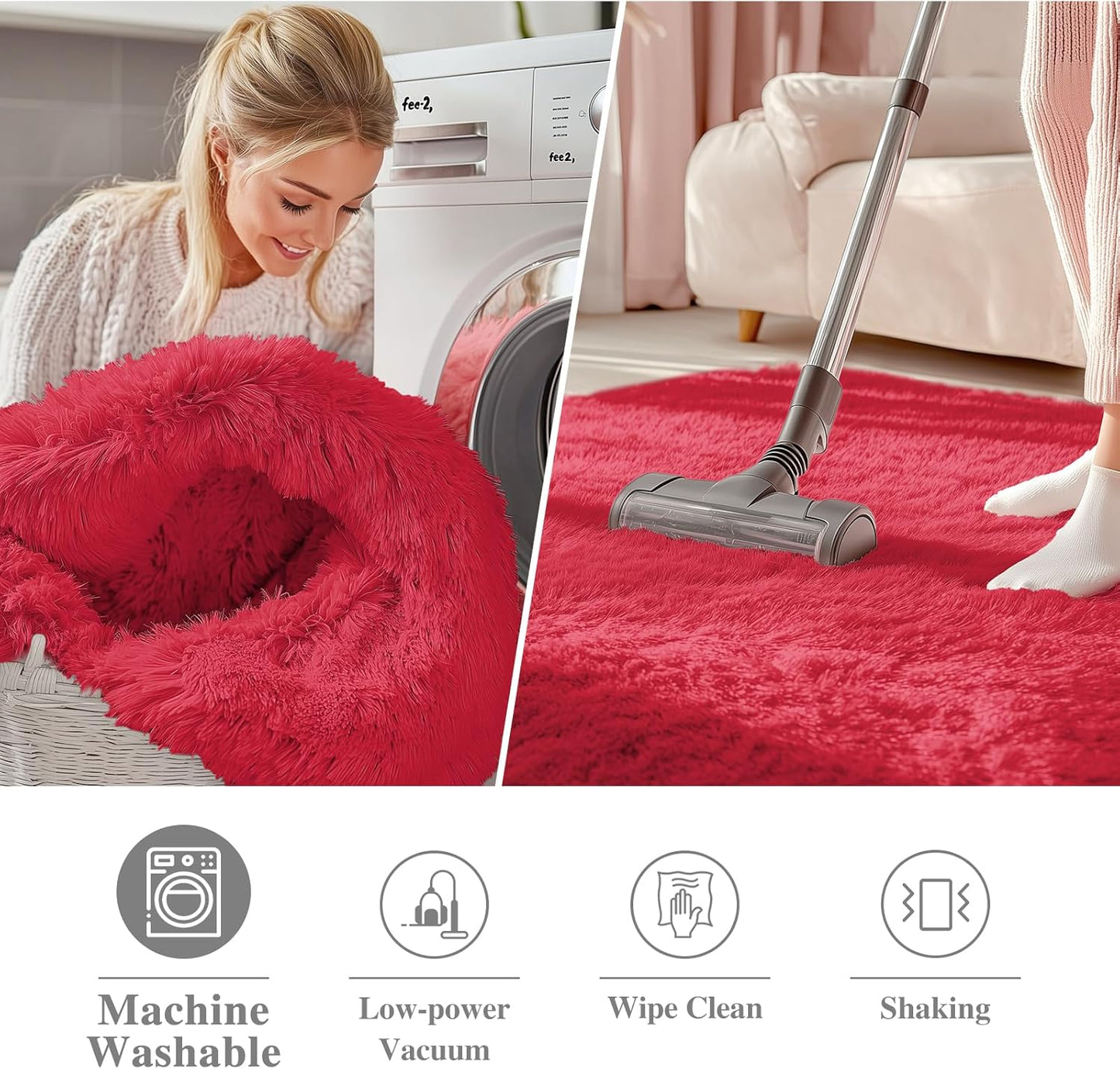 OLANLY Red Round Area Rug - Soft, Fluffy, Machine Washable 9 ft Circle Carpet for Bedrooms & Nurseries