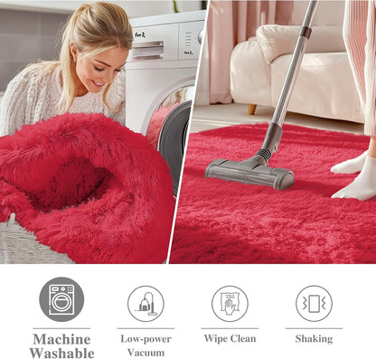 OLANLY Red Round Area Rug - Soft, Fluffy, Machine Washable 9 ft Circle Carpet for Bedrooms & Nurseries