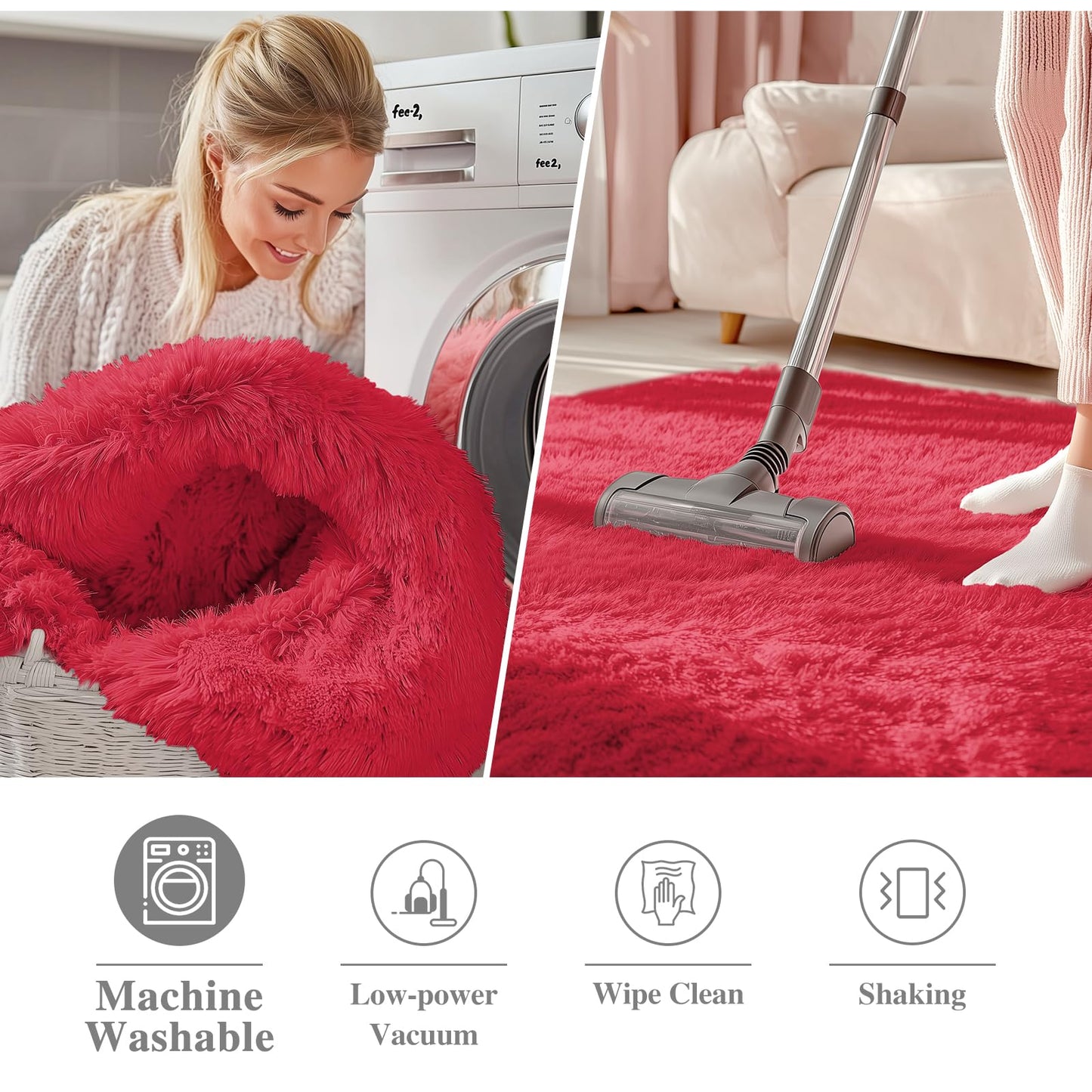 OLANLY Red Round Rugs for Bedroom - Machine Washable, 6 ft Circle Area Rugs for Living Room, Soft and Fluffy Shaggy Carpet for Teen Girls and Boys, Nursery Rooms, Dorms, Home Decor Aesthetic