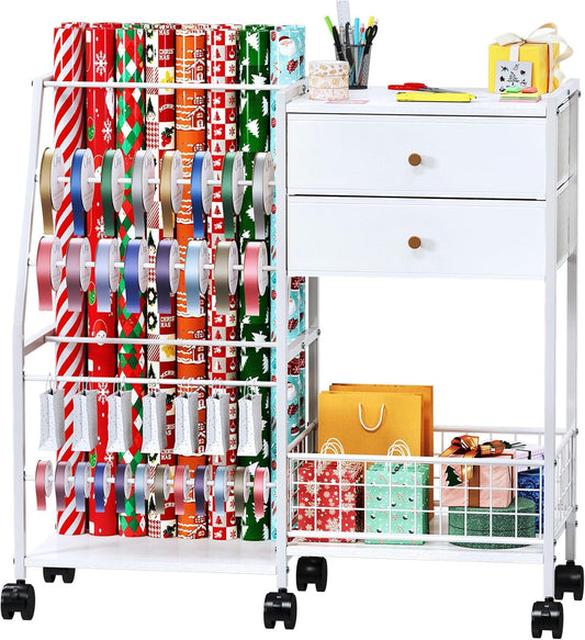 TC-HOMENY Wrapping Paper Organizer - Mobile Gift Wrap Rack with 2 Large Drawers & Ribbon Storage