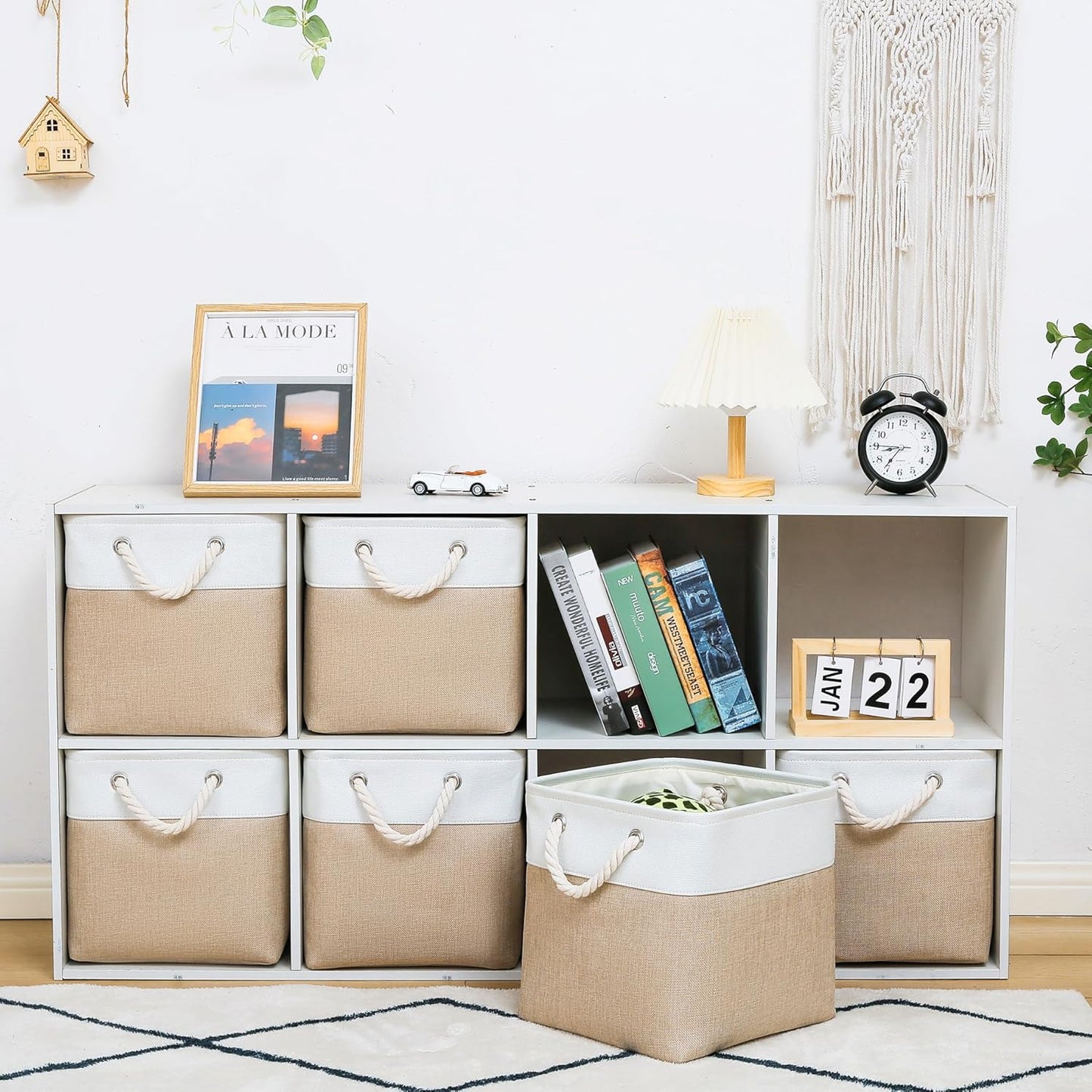 Skiennix Storage Cubes - 6 Pack Large Collapsible Fabric Bins | Foldable Organizer for Home & Office - White & Beige