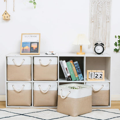 Skiennix Storage Cubes - 6 Pack Large Collapsible Fabric Bins | Foldable Organizer for Home & Office - White & Beige