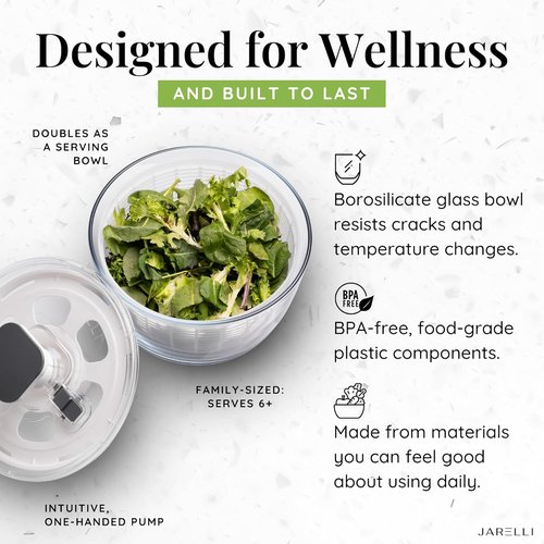 Glass Salad Spinner by [Brand Name] - Large 6.3QT Capacity with BPA-Free Colander & Storage Lid