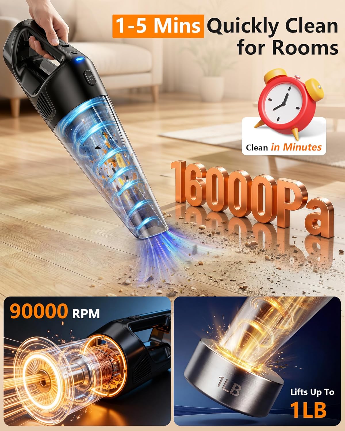 PowerSpeed CleanView Portable Handheld Vacuum - 16000Pa Suction Power | 1000mL Dust Cup & LED Light