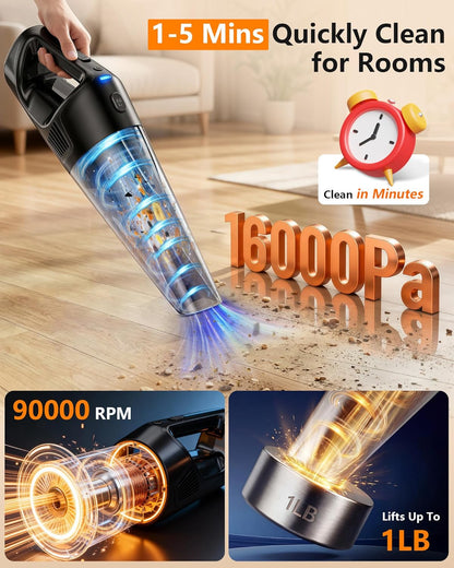 PowerSpeed CleanView Portable Handheld Vacuum - 16000Pa Suction Power | 1000mL Dust Cup & LED Light