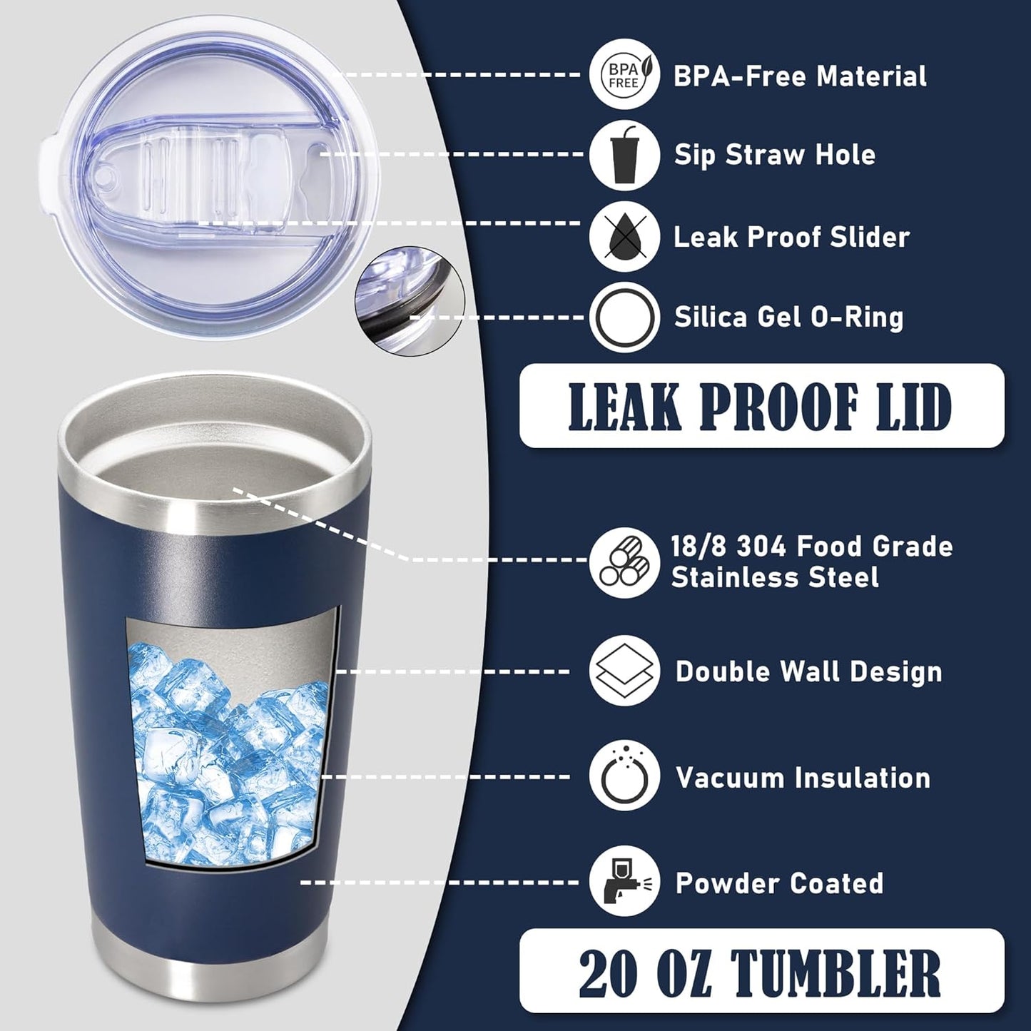 Skiennix 20 oz Stainless Steel Travel Tumbler - Double Wall Insulated Mug, Navy | 4-Pack for Hot & Cold Drinks