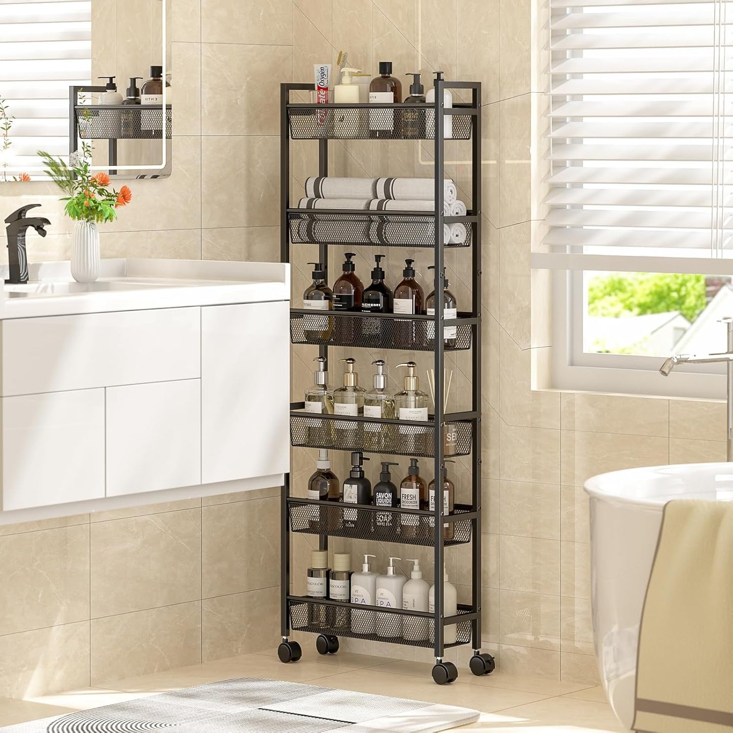 ThreeHio 6-Tier Slim Storage Cart - Mobile Metal Shelving Unit with Wheels for Kitchen & Bathroom - Black 6in(W)