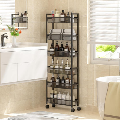 ThreeHio 6-Tier Slim Storage Cart - Mobile Metal Shelving Unit with Wheels for Kitchen & Bathroom - Black 6in(W)