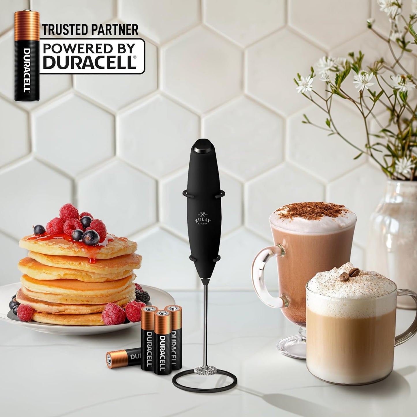 Zulay Kitchen Milk Frother Wand - Ultra-Fast Handheld Drink Mixer with 4 AA Batteries | Executive Black