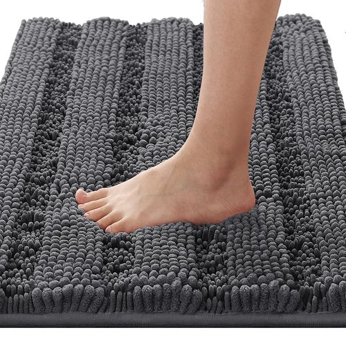 H.VERSAILTEX Bath Rugs for Bathroom Non Slip Bath Mats Extra Thick Chenille Striped Rug 20" x 32" Absorbent Non Skid Fluffy Soft Shaggy Washable Dry Fast Plush Mat for Indoor, Bath Room, Tub - Grey