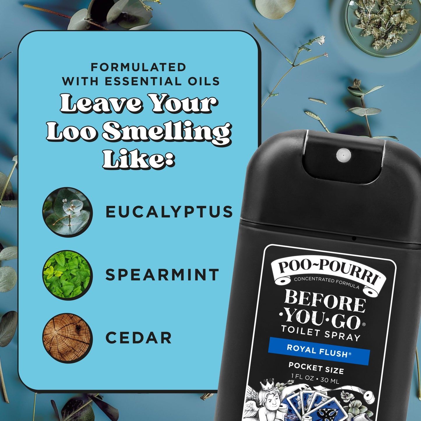 Poo-Pourri Before-You-Go Pocket Toilet Spray, Travel Essentials, Royal Flush, 1 Fl Oz, Up to 50 Uses, On-The-Go Bathroom Odor Deodorizer with Essential Oils, TSA Approved Size, Eucalyptus & Spearmint