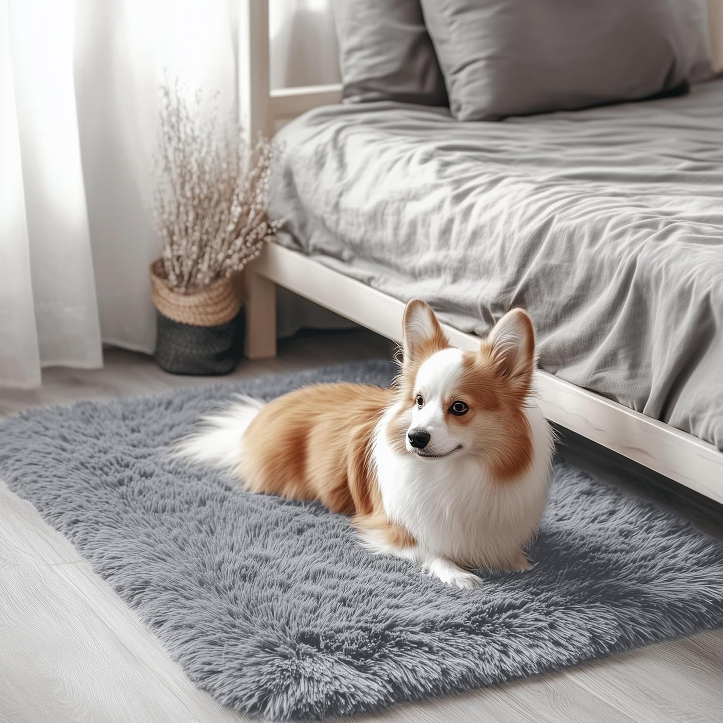 OLANLY Small Bedside Rug - Soft Fluffy Shaggy Indoor Carpet for Bedroom & Nursery | Light Grey 2x3