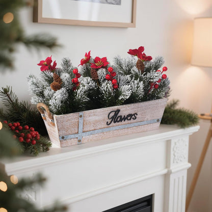 Skiennix Artificial Christmas Centerpiece - Snowy Norfolk Pine Garland with Poinsettias & Berries | Rustic Wood Planter for Holiday Home Decor