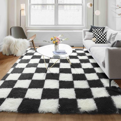 KICMOR Rugs for Living Room, 5x8 Area Rug Black and White Fluffy Shag Soft Checkered Rug Large Fuzzy Plush Furry Shaggy Carpet for Bedroom, Kids Boys Girls Teen Dorm Nursery Home Decor Aesthetic