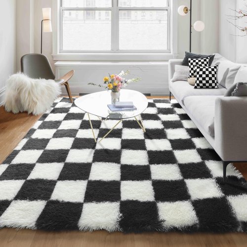 KICMOR Rugs for Living Room, 5x8 Area Rug Black and White Fluffy Shag Soft Checkered Rug Large Fuzzy Plush Furry Shaggy Carpet for Bedroom, Kids Boys Girls Teen Dorm Nursery Home Decor Aesthetic