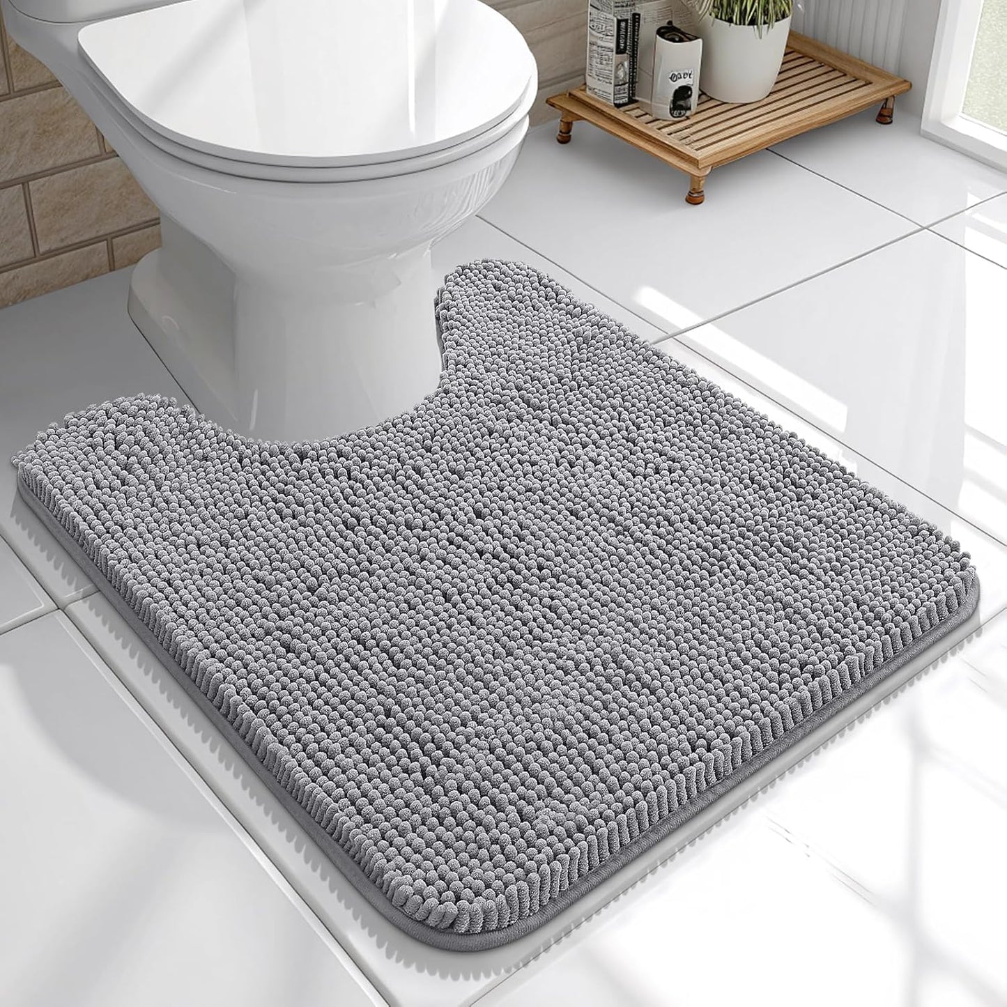 OLANLY U-Shaped Toilet Rug - Extra Soft Chenille, Quick-Dry, Non-Slip Bath Mat | 20x20, Grey