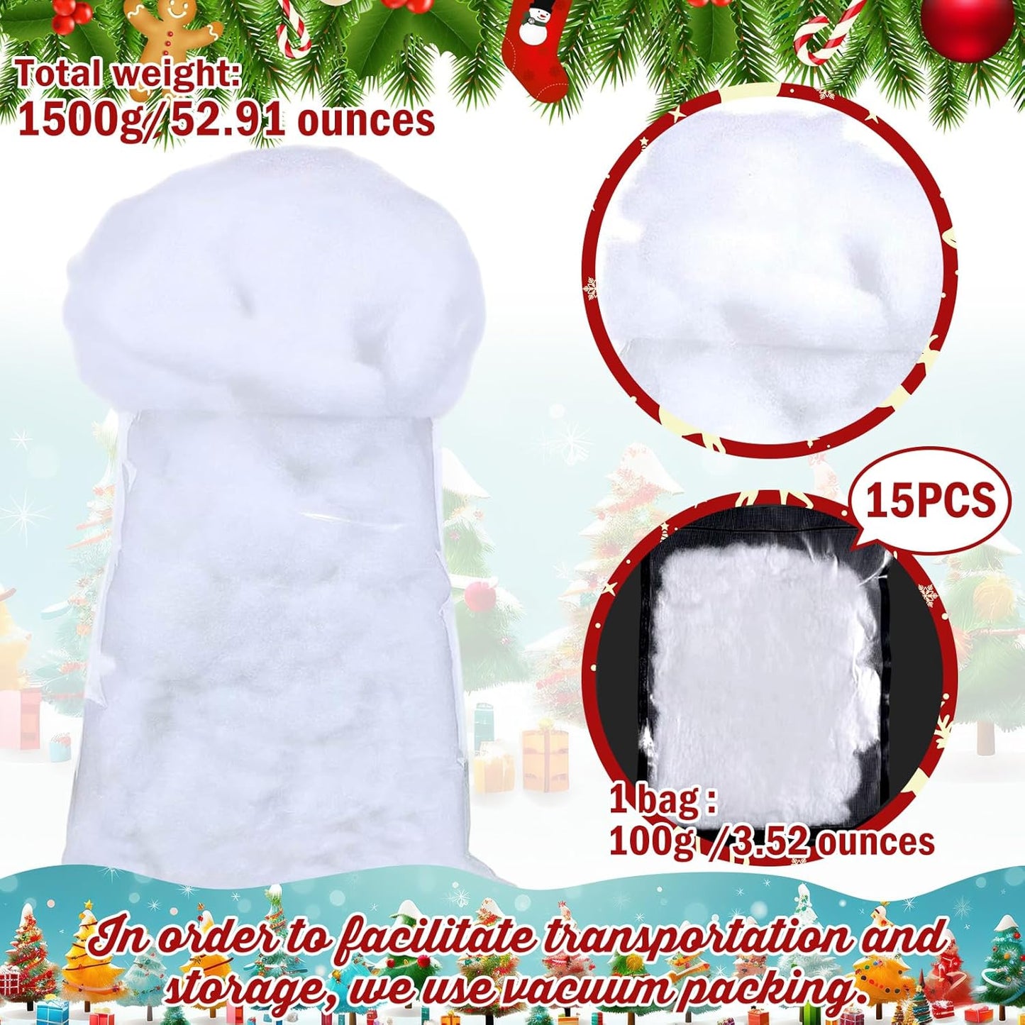 Shappy Christmas Fake Snow | 52.91 Ounce Fluffy White Cloud Fiber for Indoor Decor
