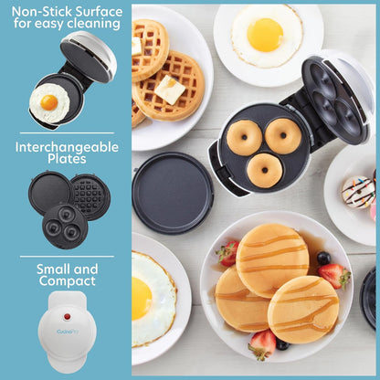 Mini Breakfast Maker by [Brand Name] - 3-in-1 Waffle, Donut, Pancake & Egg Cooker - Compact Nonstick Electric Appliance with Interchangeable Plates