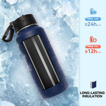 Neihepal 32 oz Insulated Water Bottle - 18/8 Stainless Steel with Straw & Spout Lids | Navy, 1 Pack