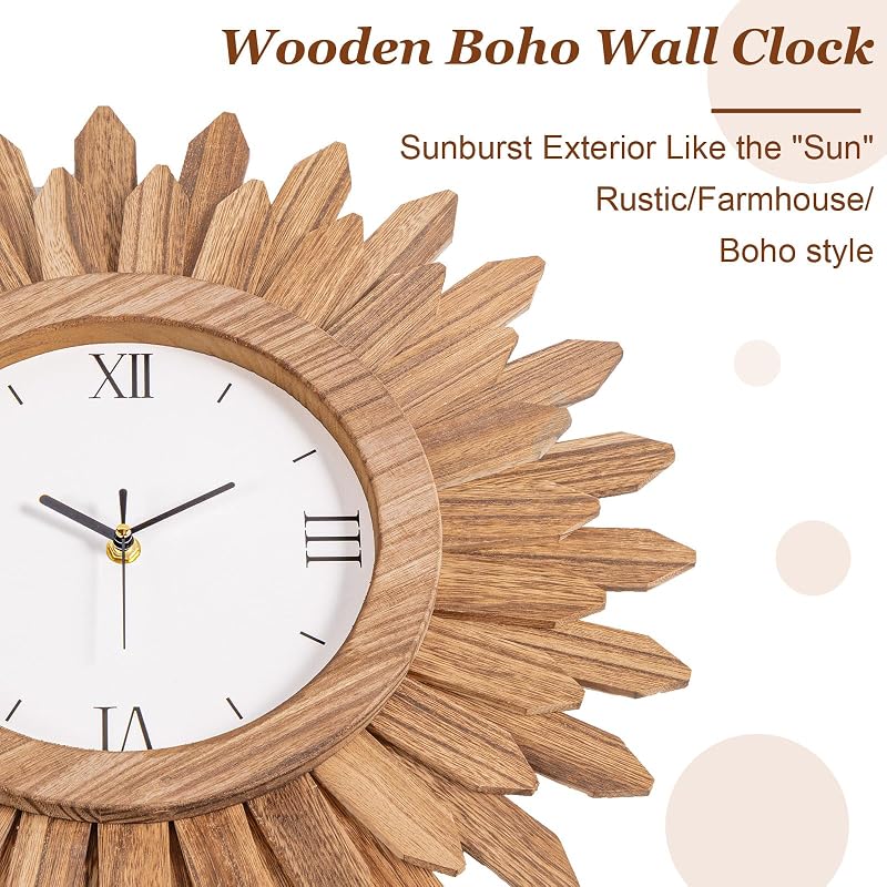 18 Inch Large Wall Clock - Silent Battery Operated Boho Sunburst Rustic Wood with Roman Numerals - Variation: Rustic Brown+18 inch