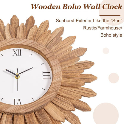 18 Inch Large Wall Clock - Silent Battery Operated Boho Sunburst Rustic Wood with Roman Numerals - Variation: Rustic Brown+18 inch