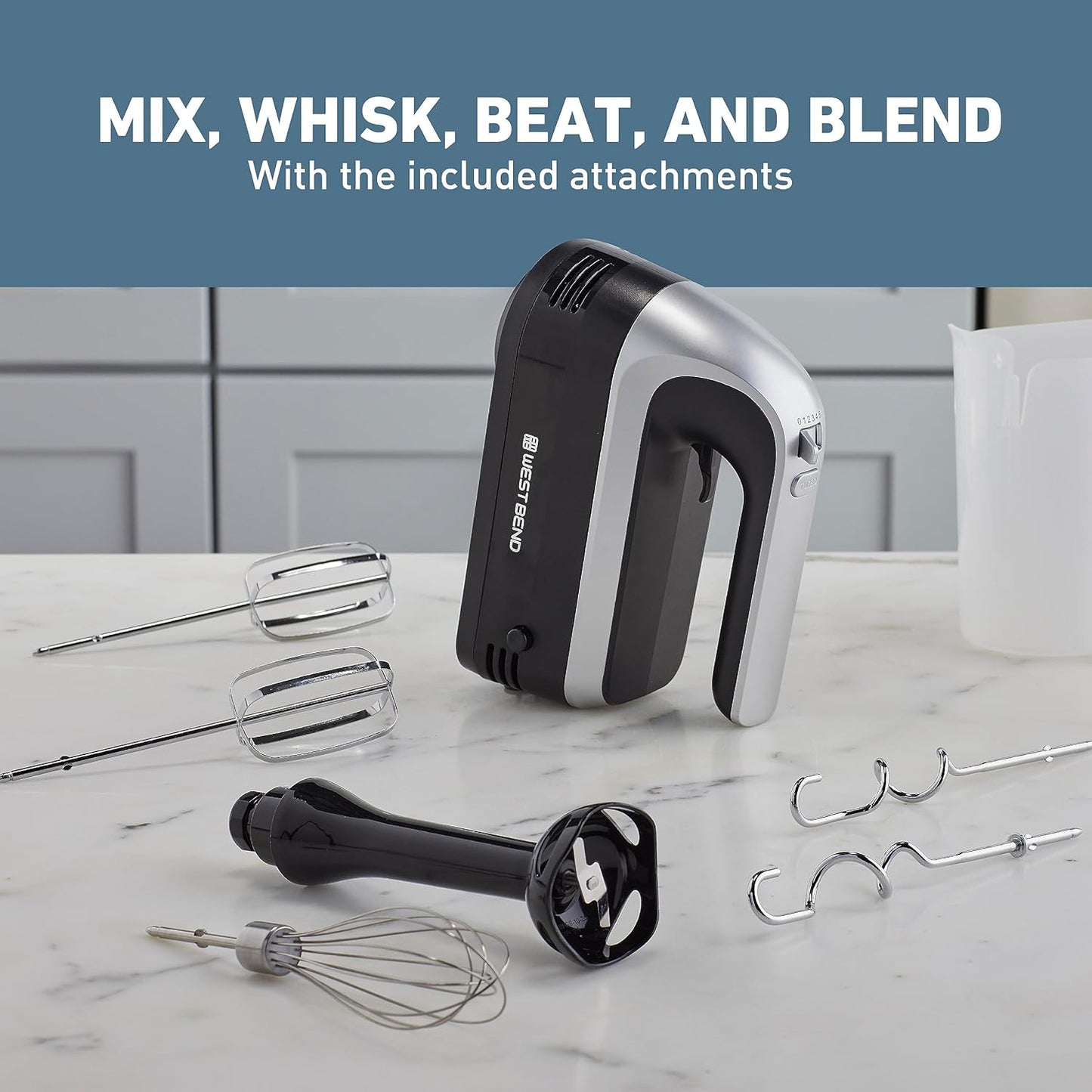 West Bend Hand Mixer Plus - 6-Speed Immersion Blender Attachment with Ergonomic Handle | 250-Watts, Black