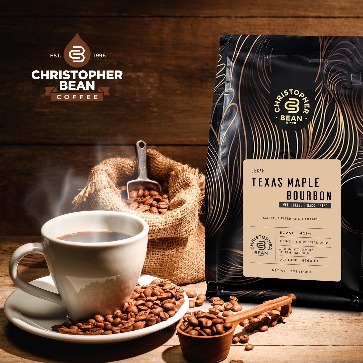 Christopher Bean Coffee - Texas Maple Burbon Flavored Coffee, (Decaf Ground) 100% Arabica, No Sugar, No Fats, Made with Non-GMO Flavorings, 12-Ounce Bag of Decaf Ground coffee