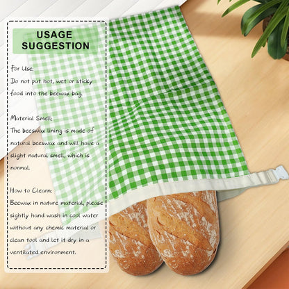 Large Beeswax Bread Bags for Sourdough, 2 Packs Reusable Cotton Material, Ideal for Sourdough Bread Storage to Keep Fresh Lock Moisture, 17 X 13 Inch Green and White Pattern