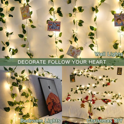 suddus Vine with Fairy Lights Battery Operated, 33ft100 LED Pothos String Lights with Remote, Leaf Lights for Bedroom, Room, Wall, Garden, Party, Wedding Dorm Decor(Warm White)