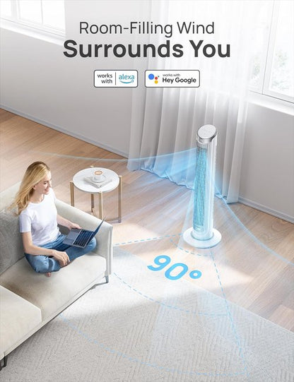 DREO Smart Tower Fan - 90° Oscillating Quiet Floor Fan with Remote & Voice Control | 12H Timer, 26ft/s Velocity