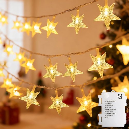 Echosari Star String Lights - Battery Operated LED Fairy Lights with Auto Timer | 158in, 8 Modes for Kids' Room, Party & Wedding Décor (Warm White)