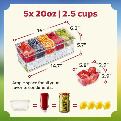 Honeyera Chilled Condiment Server | Hosting Essentials for Up to 80 Oz of Ice | Mimosa Bar Supplies Drain Plug | BPA-Free Taco Bar/Salad Bar | Food-Safe Condiment Caddy (Parent) (Black, 1 Pack)