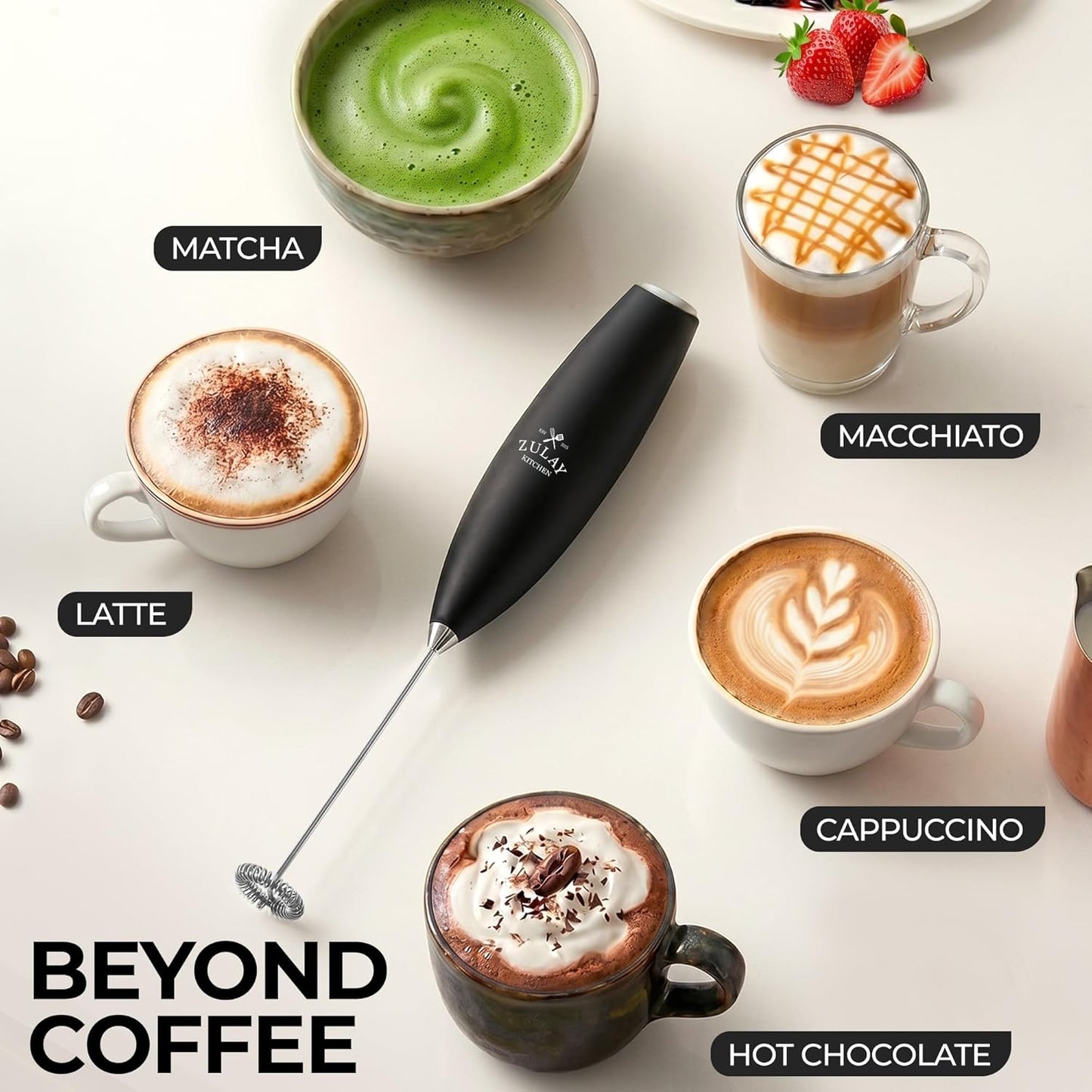 Zulay Kitchen Milk Frother - Handheld Electric Whisk for Lattes, Matcha & More - Durable Stainless Steel - Black