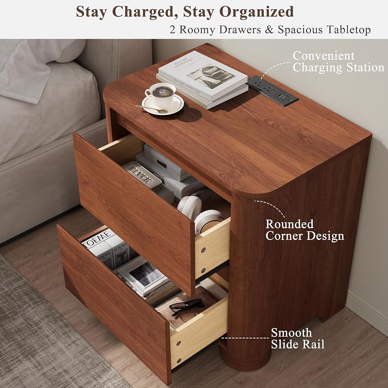 Walnut Nightstand with Charging Station, 2 Drawers, 23.6" W x 23.6" H