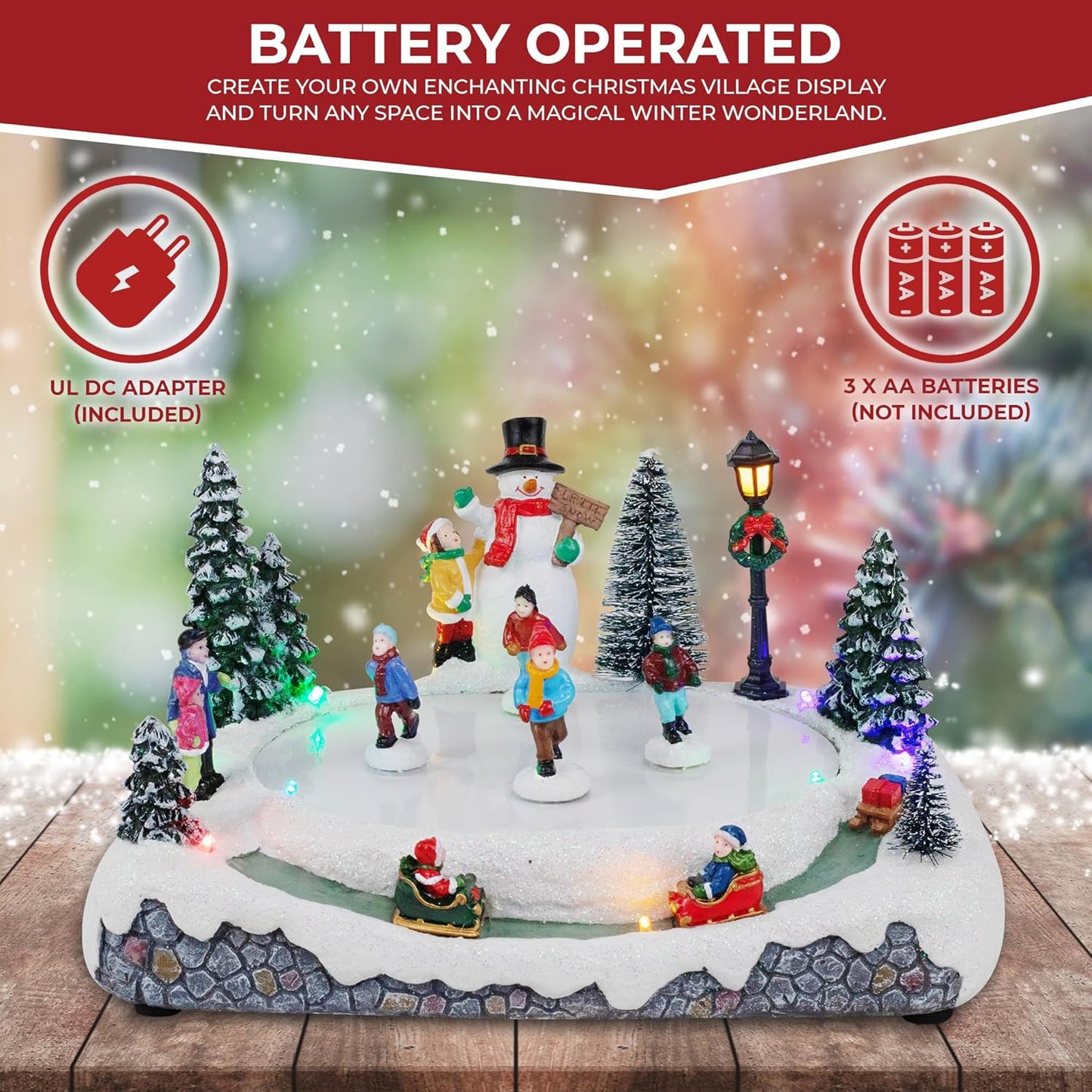 Animated Christmas Village Skating Pond - Lighted Musical Snow Scene with 4 Moving Skaters