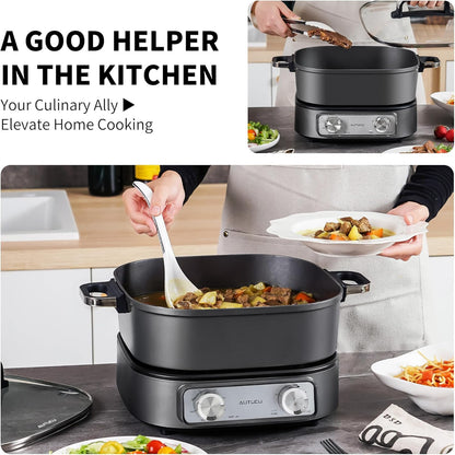Skiennix 6-Quart Electric Skillet - Non-Stick Ceramic Coated, 1600W with Timer & 3 Power Settings