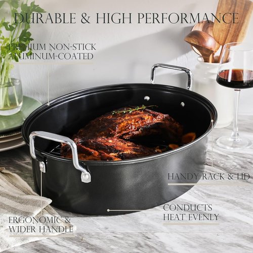 KITESSENSU Extra Large Roasting Pan with Lid - Nonstick Turkey Roaster with Rack - 18.5 x 14.5 In, Heavy Duty Grey
