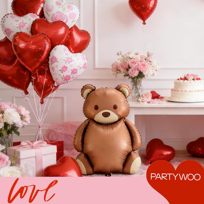 PartyWoo Valentine's Balloons - 15pcs Foil Bear & Red Heart Balloons | 24" & 18" for Romantic Celebrations
