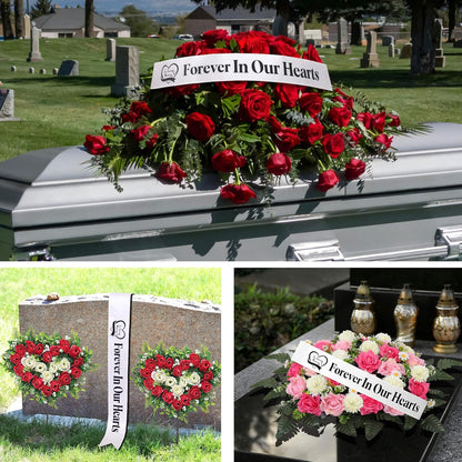 Regine Switzerland Elegant Funeral Wreath Sash - Forever in Our Hearts Memorial Ribbon for Graves & Wreaths (White)