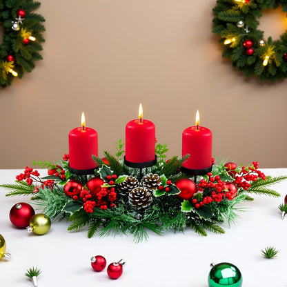 YULETIME Christmas Triple Candelabrum - Holiday Candle Holder with Red Baubles & Natural Pine Decor