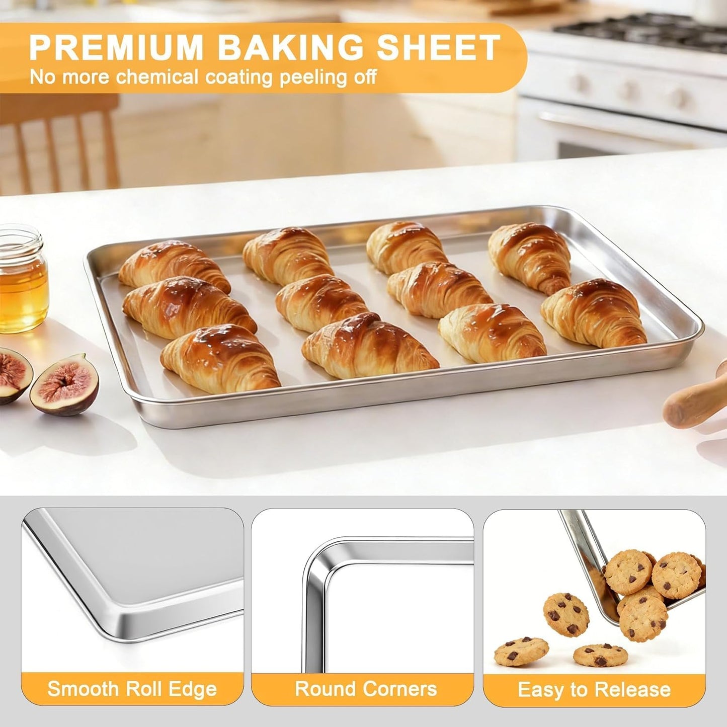 Onader Large Baking Sheet - 18 x 13 Inch Stainless Steel Cookie Pan | Dishwasher Safe, 2-Pack