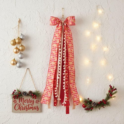 Buffalo Plaid Christmas Wreath Sash Bow - 27.5" Metal Clip with 7 Layered Ribbons for Holiday Decor