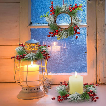Skiennix Christmas Candle Rings - Snowy Pine Needle & Red Berry Mini Wreaths | 4PCS for Holiday Decor