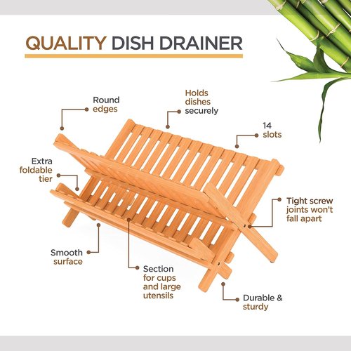 Bambusi Collapsible Bamboo Dish Drying Rack - Eco-Friendly 2-Tier Foldable Drainer for Kitchen Countertop