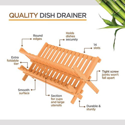 Bambusi Collapsible Bamboo Dish Drying Rack - Eco-Friendly 2-Tier Foldable Drainer for Kitchen Countertop