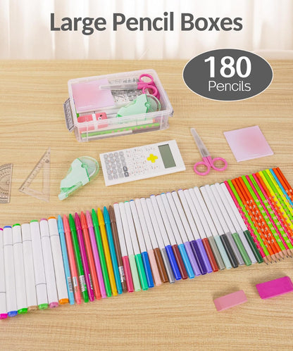 Sooez Extra Large Pencil Box Set - Clear Plastic Organizer with Lid | Stackable Storage for Art Supplies, Grey